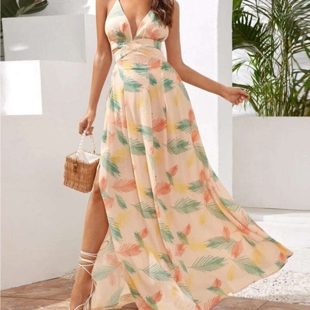 NEW - Tropical Print Lace up Back Vacation Dress